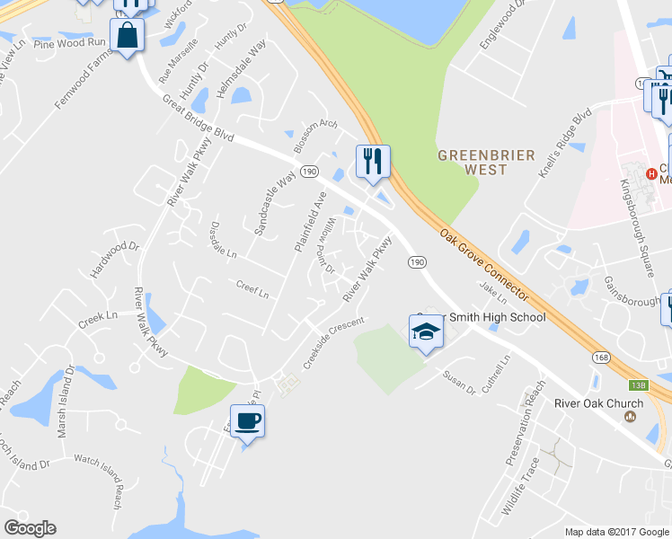 map of restaurants, bars, coffee shops, grocery stores, and more near 218 Fireweed Court in Chesapeake