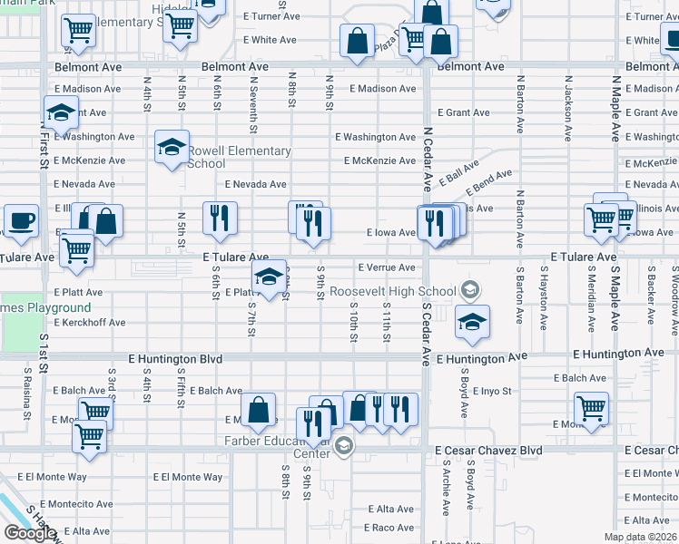 map of restaurants, bars, coffee shops, grocery stores, and more near 3936 East Verrue Avenue in Fresno