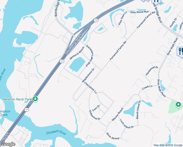 map of restaurants, bars, coffee shops, grocery stores, and more near 421 Mapleshore Drive in Chesapeake