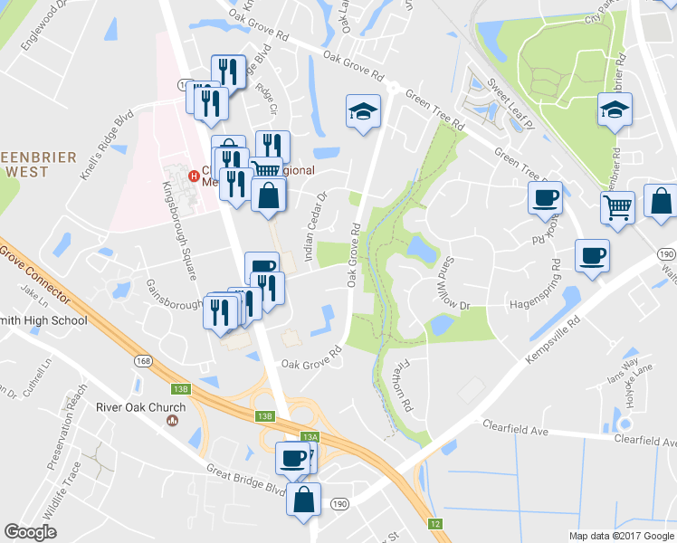 map of restaurants, bars, coffee shops, grocery stores, and more near 221 Gainsborough Square East in Chesapeake
