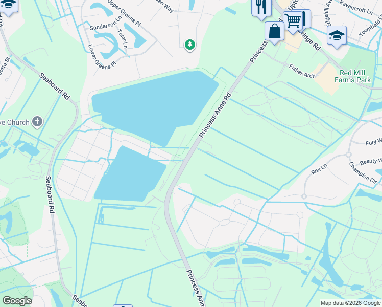 map of restaurants, bars, coffee shops, grocery stores, and more near 2006 Princess Anne Road in Virginia Beach