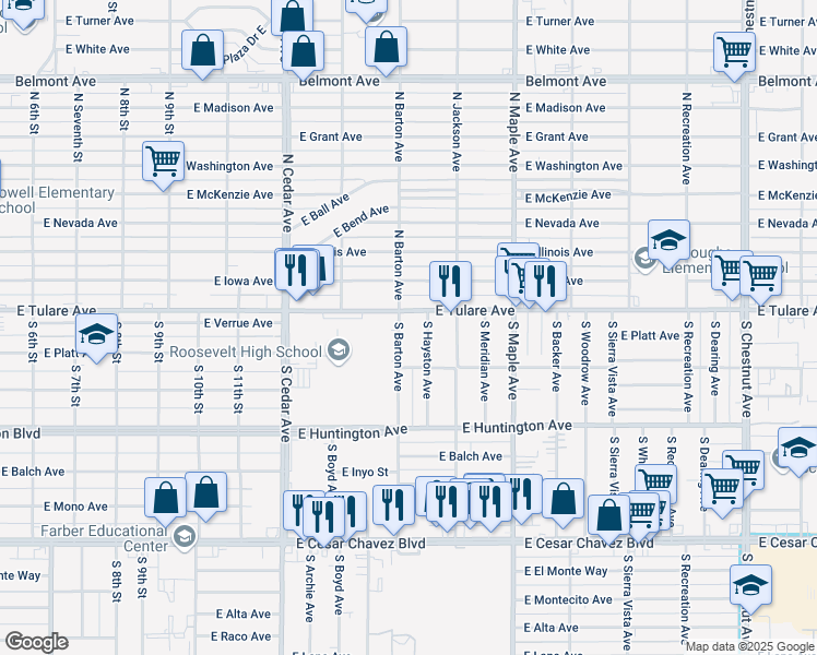 map of restaurants, bars, coffee shops, grocery stores, and more near 127 South Barton Avenue in Fresno