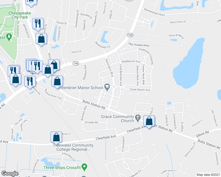 map of restaurants, bars, coffee shops, grocery stores, and more near 735 Great Marsh Avenue in Chesapeake