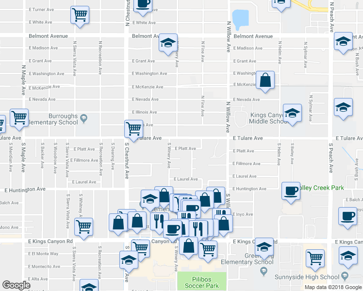 map of restaurants, bars, coffee shops, grocery stores, and more near 4911 East Platt Avenue in Fresno