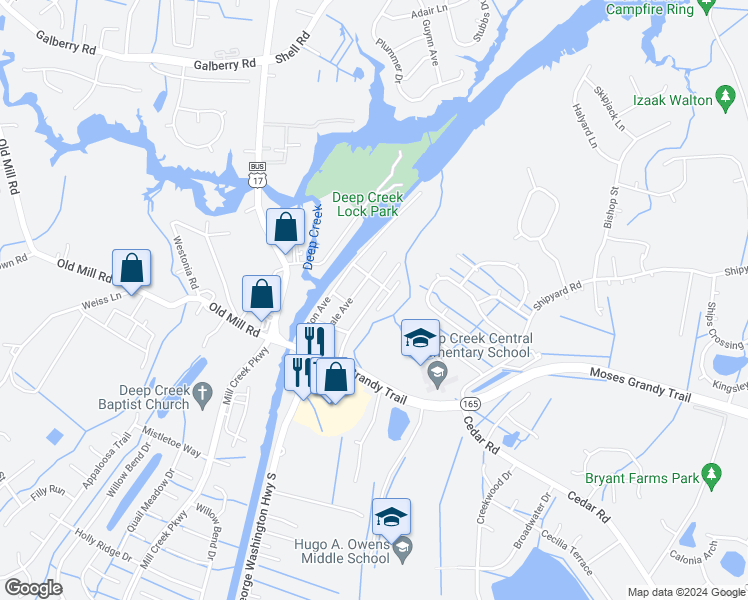 map of restaurants, bars, coffee shops, grocery stores, and more near 212 Diamond Avenue in Chesapeake