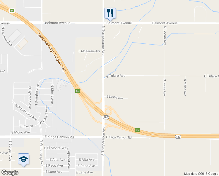 map of restaurants, bars, coffee shops, grocery stores, and more near 372 North Temperance Avenue in Fresno