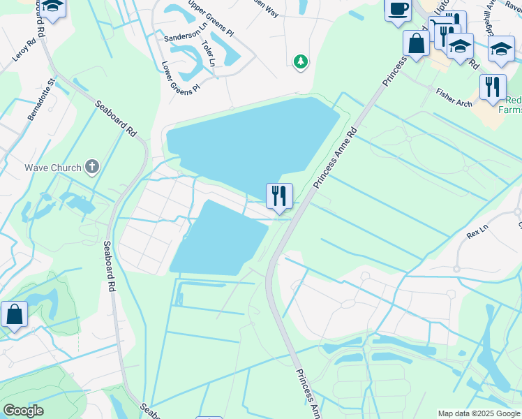 map of restaurants, bars, coffee shops, grocery stores, and more near 2141 Locksley Arch in Virginia Beach