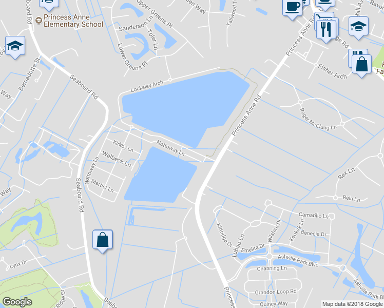 map of restaurants, bars, coffee shops, grocery stores, and more near 2141 Locksley Arch in Virginia Beach