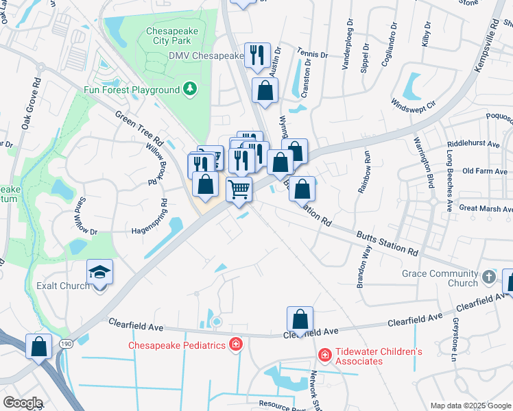 map of restaurants, bars, coffee shops, grocery stores, and more near 809 Old Butts Station Road in Chesapeake