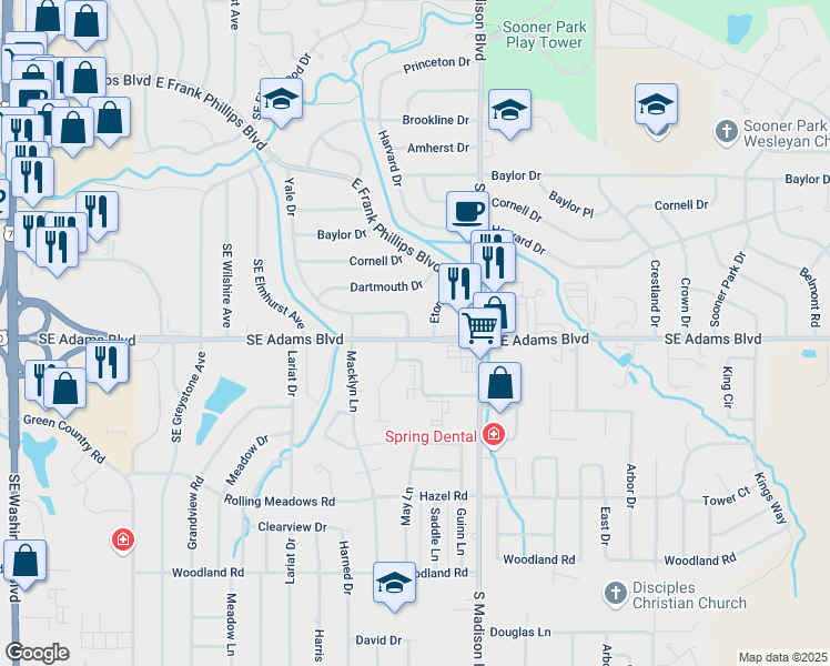 map of restaurants, bars, coffee shops, grocery stores, and more near 961 Yale Drive in Bartlesville