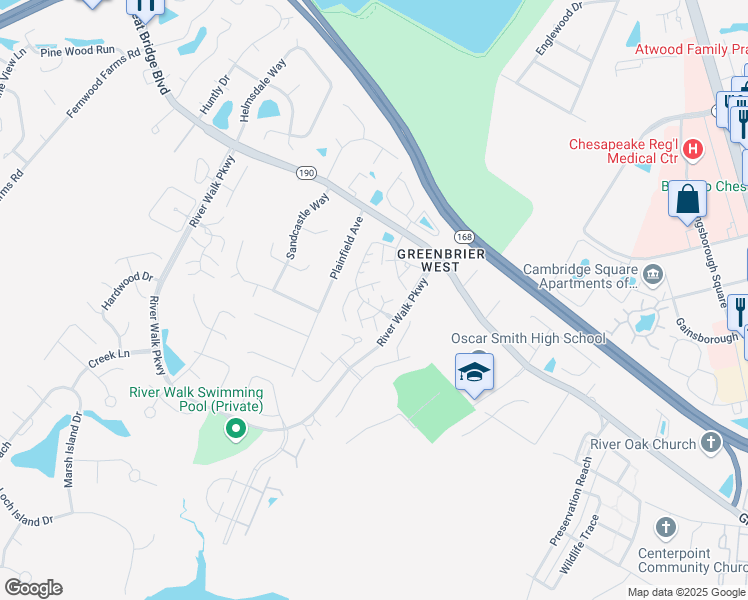 map of restaurants, bars, coffee shops, grocery stores, and more near 210 Fireweed Court in Chesapeake