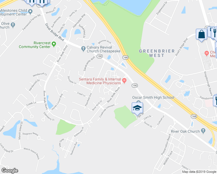 map of restaurants, bars, coffee shops, grocery stores, and more near 210 Fireweed Court in Chesapeake