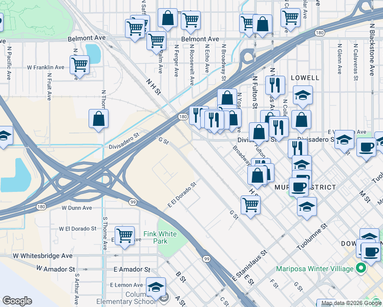 map of restaurants, bars, coffee shops, grocery stores, and more near 2040 G Street in Fresno