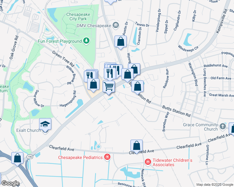 map of restaurants, bars, coffee shops, grocery stores, and more near 809 Old Butts Station Road in Chesapeake