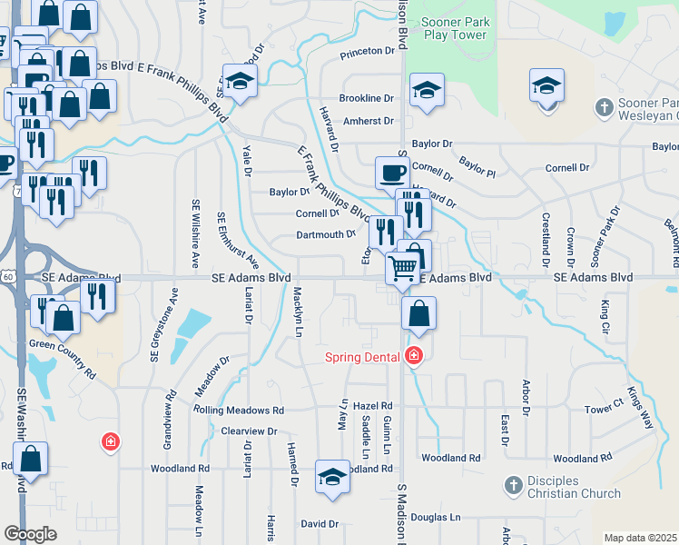map of restaurants, bars, coffee shops, grocery stores, and more near 961 Yale Drive in Bartlesville