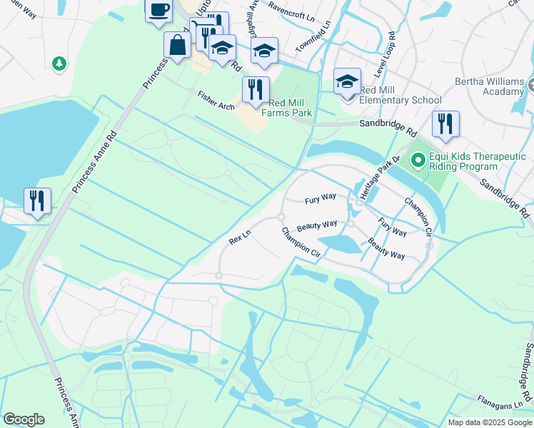 map of restaurants, bars, coffee shops, grocery stores, and more near 2705 Rex Lane in Virginia Beach