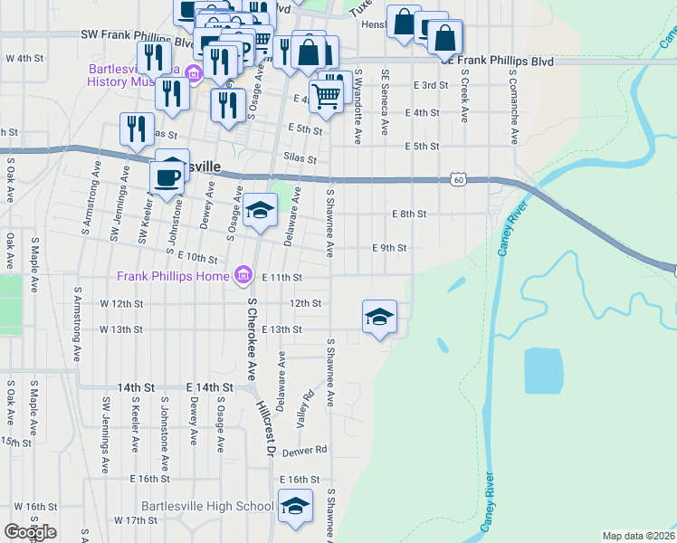 map of restaurants, bars, coffee shops, grocery stores, and more near 540 East 11th Street in Bartlesville