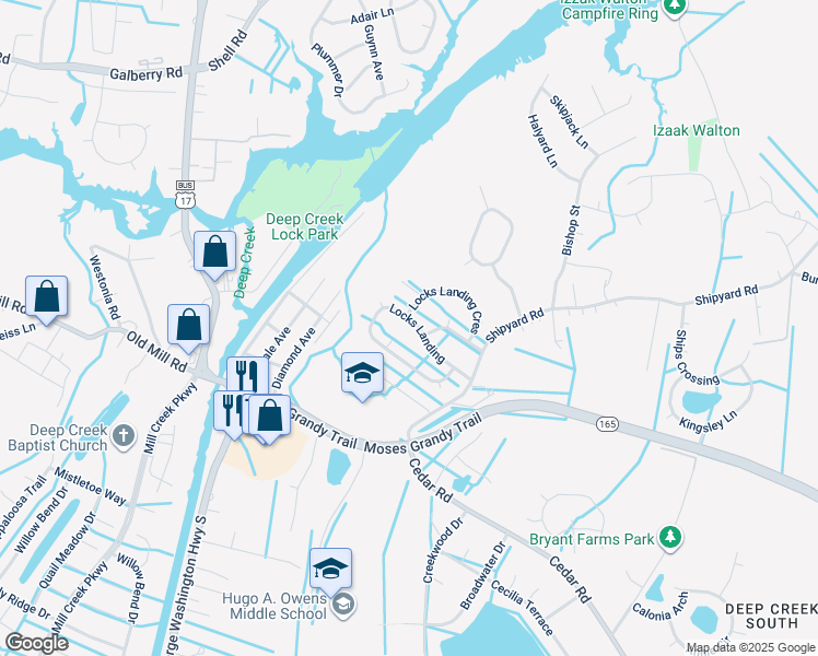 map of restaurants, bars, coffee shops, grocery stores, and more near 2332 Locks Landing in Chesapeake