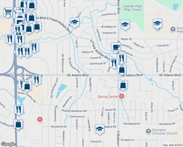 map of restaurants, bars, coffee shops, grocery stores, and more near 816 Yale Place in Bartlesville