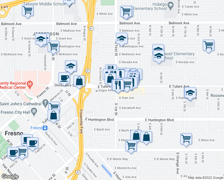 map of restaurants, bars, coffee shops, grocery stores, and more near 2318 North Angus Avenue in Fresno