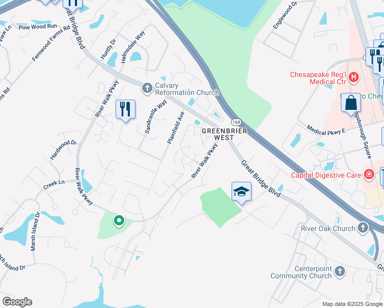 map of restaurants, bars, coffee shops, grocery stores, and more near 106 Fireweed Court in Chesapeake