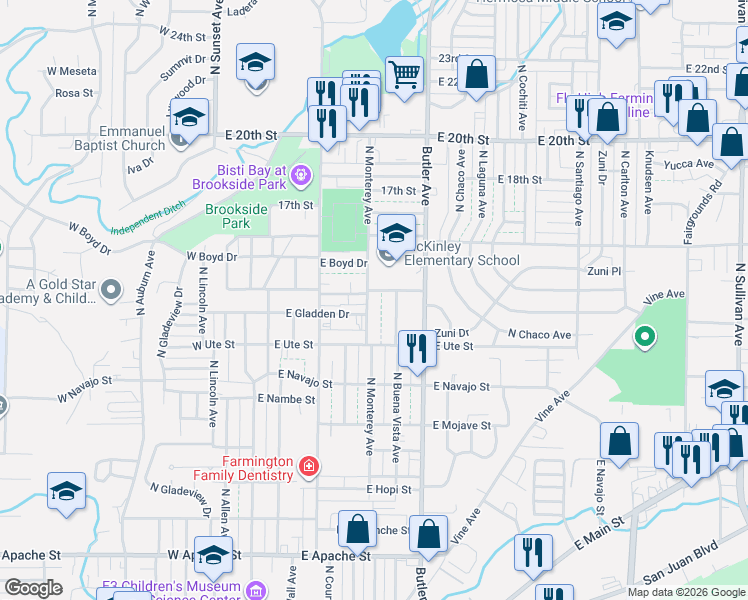map of restaurants, bars, coffee shops, grocery stores, and more near 1120 1/2 North Monterey Avenue in Farmington