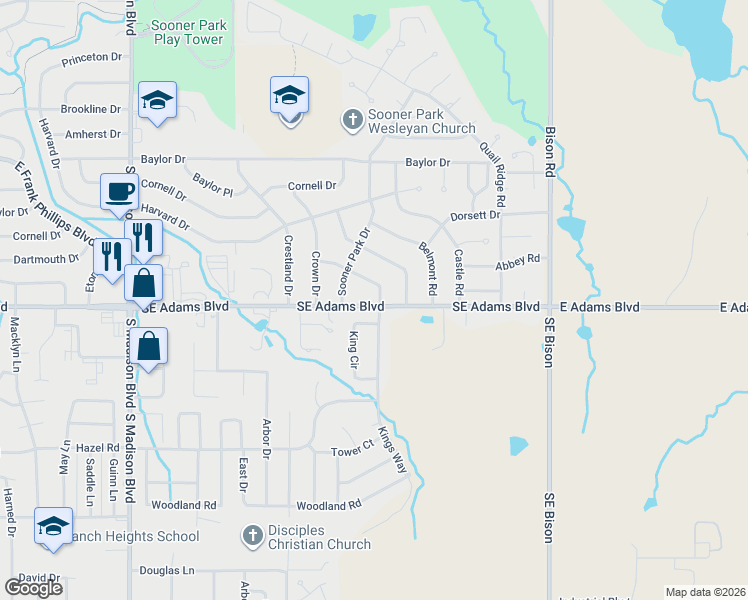 map of restaurants, bars, coffee shops, grocery stores, and more near 6325 Kings Drive in Bartlesville