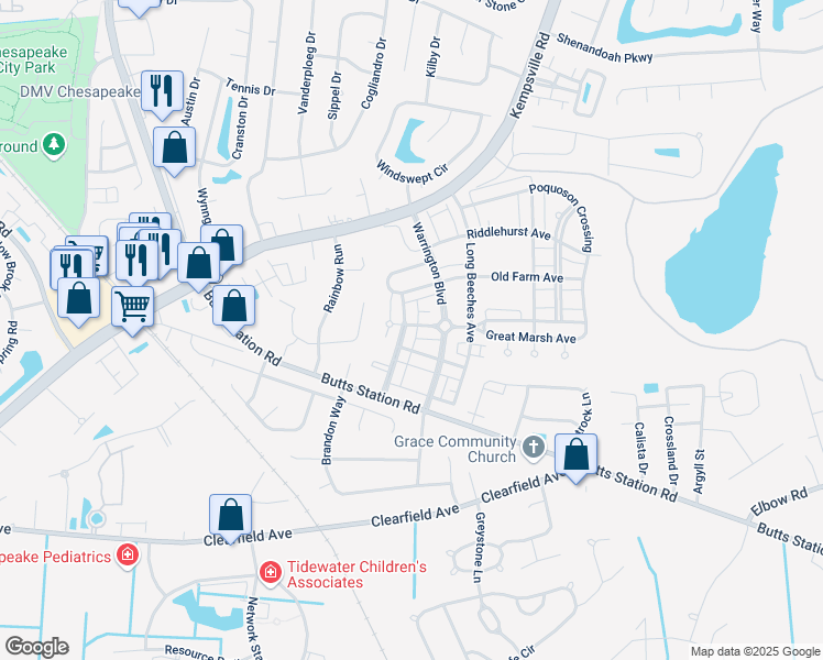map of restaurants, bars, coffee shops, grocery stores, and more near 923 Stanhope Gardens in Chesapeake