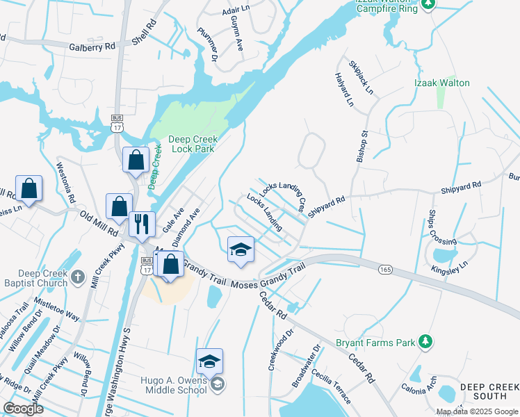 map of restaurants, bars, coffee shops, grocery stores, and more near 2332 Locks Landing in Chesapeake