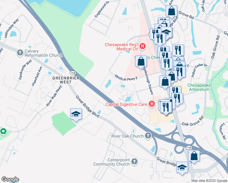 map of restaurants, bars, coffee shops, grocery stores, and more near 712 Gainsborough Court in Chesapeake