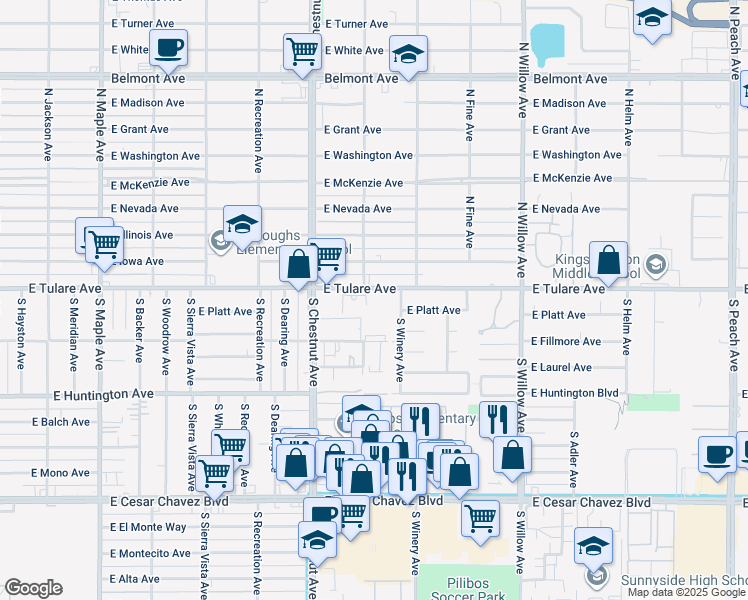 map of restaurants, bars, coffee shops, grocery stores, and more near 4854 East Tulare Street in Fresno