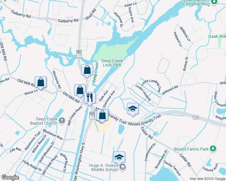 map of restaurants, bars, coffee shops, grocery stores, and more near 211 Diamond Avenue in Chesapeake