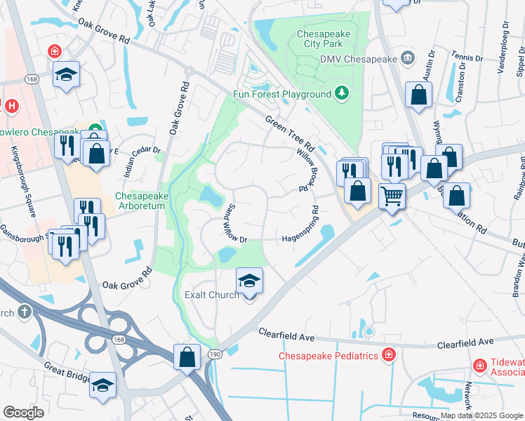 map of restaurants, bars, coffee shops, grocery stores, and more near 609 Hidden Falls Lane in Chesapeake