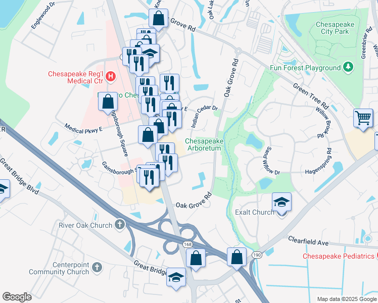 map of restaurants, bars, coffee shops, grocery stores, and more near 203 Gainsborough Square East in Chesapeake