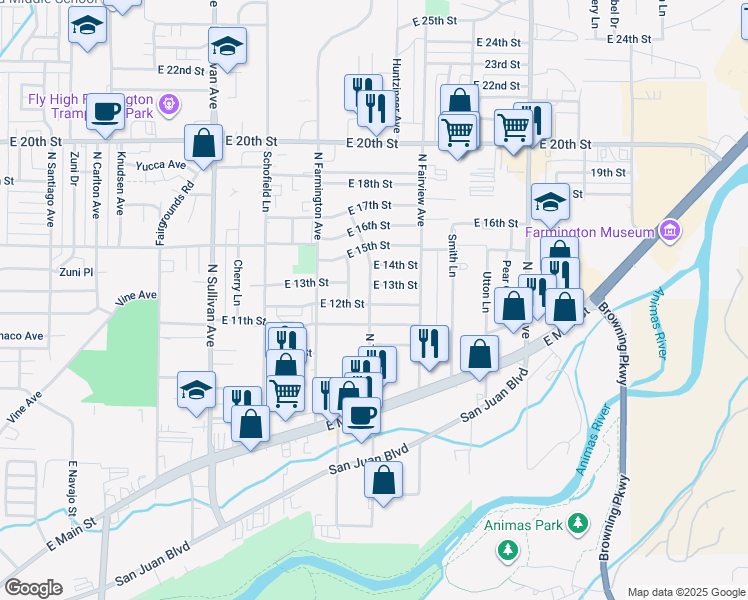 map of restaurants, bars, coffee shops, grocery stores, and more near 2300 East 12th Street in Farmington