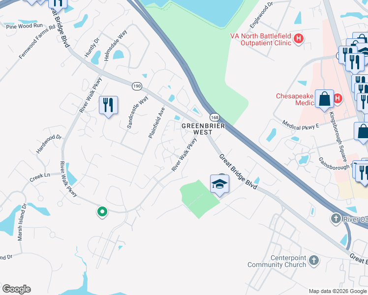 map of restaurants, bars, coffee shops, grocery stores, and more near 2006 Willow Point Arch in Chesapeake