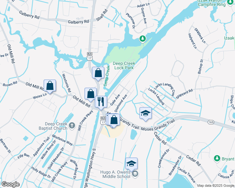 map of restaurants, bars, coffee shops, grocery stores, and more near 203 Gale Avenue in Chesapeake