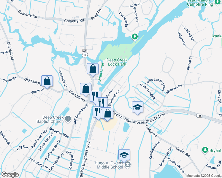 map of restaurants, bars, coffee shops, grocery stores, and more near 203 Gale Avenue in Chesapeake
