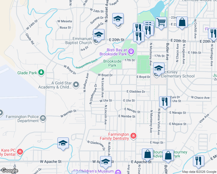 map of restaurants, bars, coffee shops, grocery stores, and more near 1202 North Lincoln Avenue in Farmington