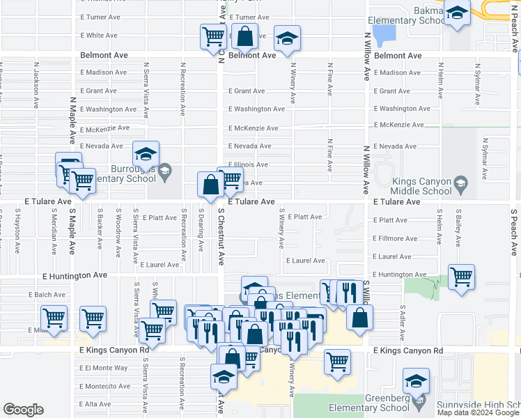 map of restaurants, bars, coffee shops, grocery stores, and more near 4840 East Tulare Avenue in Fresno
