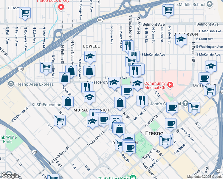 map of restaurants, bars, coffee shops, grocery stores, and more near 2336 Calaveras Street in Fresno