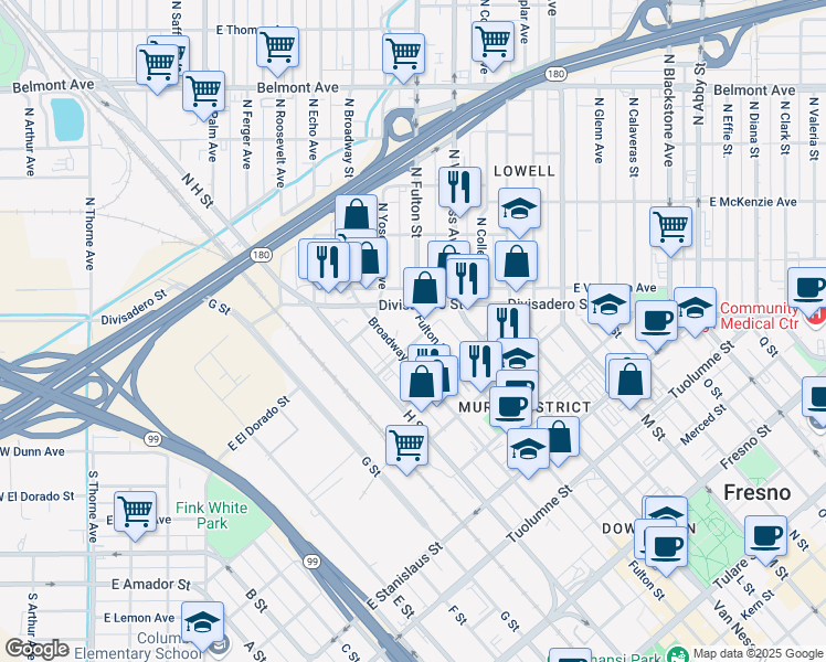 map of restaurants, bars, coffee shops, grocery stores, and more near 105 Sacramento Street in Fresno