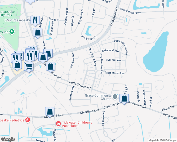 map of restaurants, bars, coffee shops, grocery stores, and more near 923 Stanhope Gardens in Chesapeake