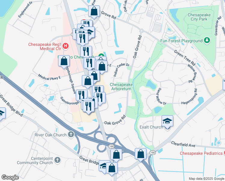 map of restaurants, bars, coffee shops, grocery stores, and more near 203 Gainsborough Square East in Chesapeake