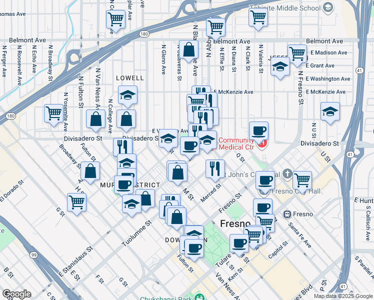map of restaurants, bars, coffee shops, grocery stores, and more near 1525 O Street in Fresno