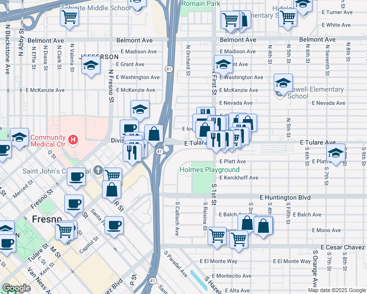 map of restaurants, bars, coffee shops, grocery stores, and more near 2980 East Tulare Avenue in Fresno