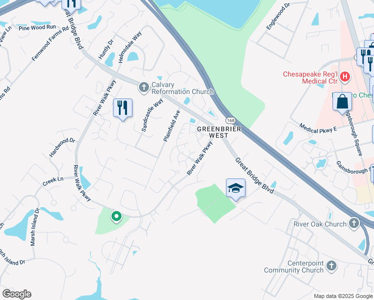 map of restaurants, bars, coffee shops, grocery stores, and more near 206 Fireweed Court in Chesapeake