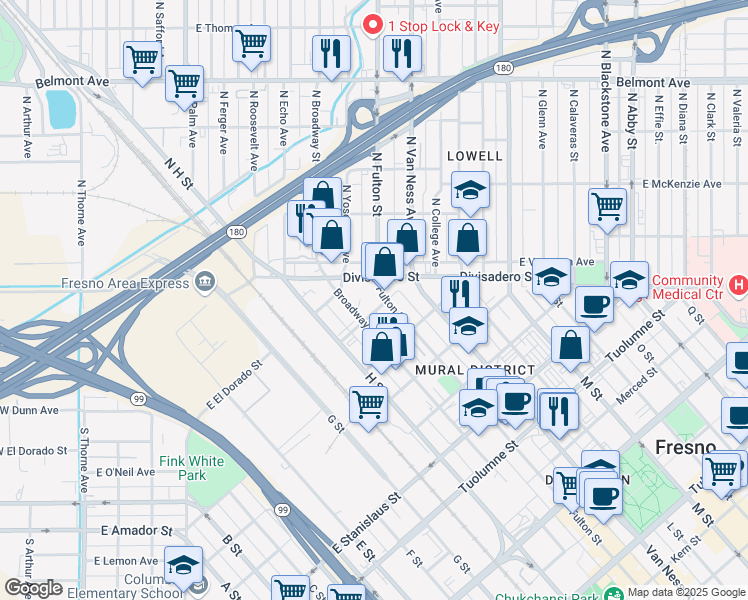 map of restaurants, bars, coffee shops, grocery stores, and more near 1901 Fulton Street in Fresno