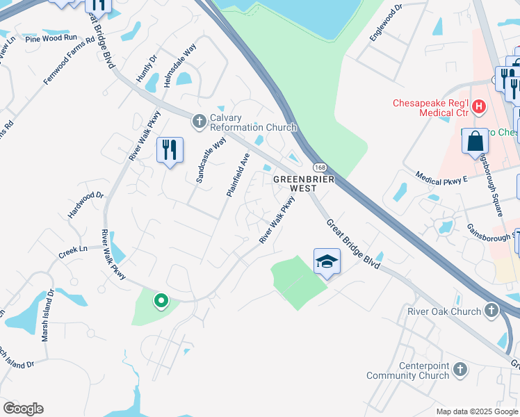 map of restaurants, bars, coffee shops, grocery stores, and more near 206 Fireweed Court in Chesapeake