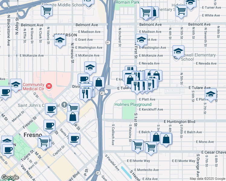 map of restaurants, bars, coffee shops, grocery stores, and more near 2980 East Tulare Avenue in Fresno